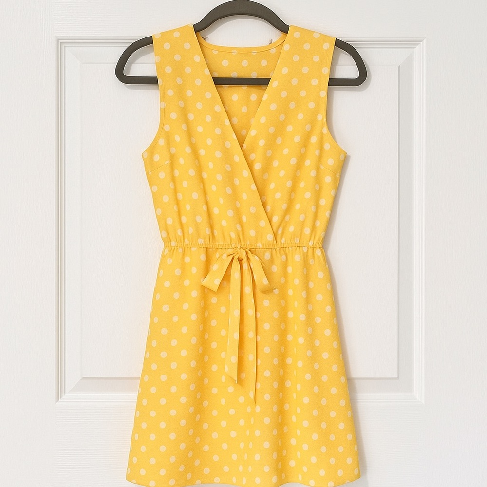MONTEAU - Yellow Polka Dot Wrap-Style Mini Dress – Size S - Picture 4 of 7